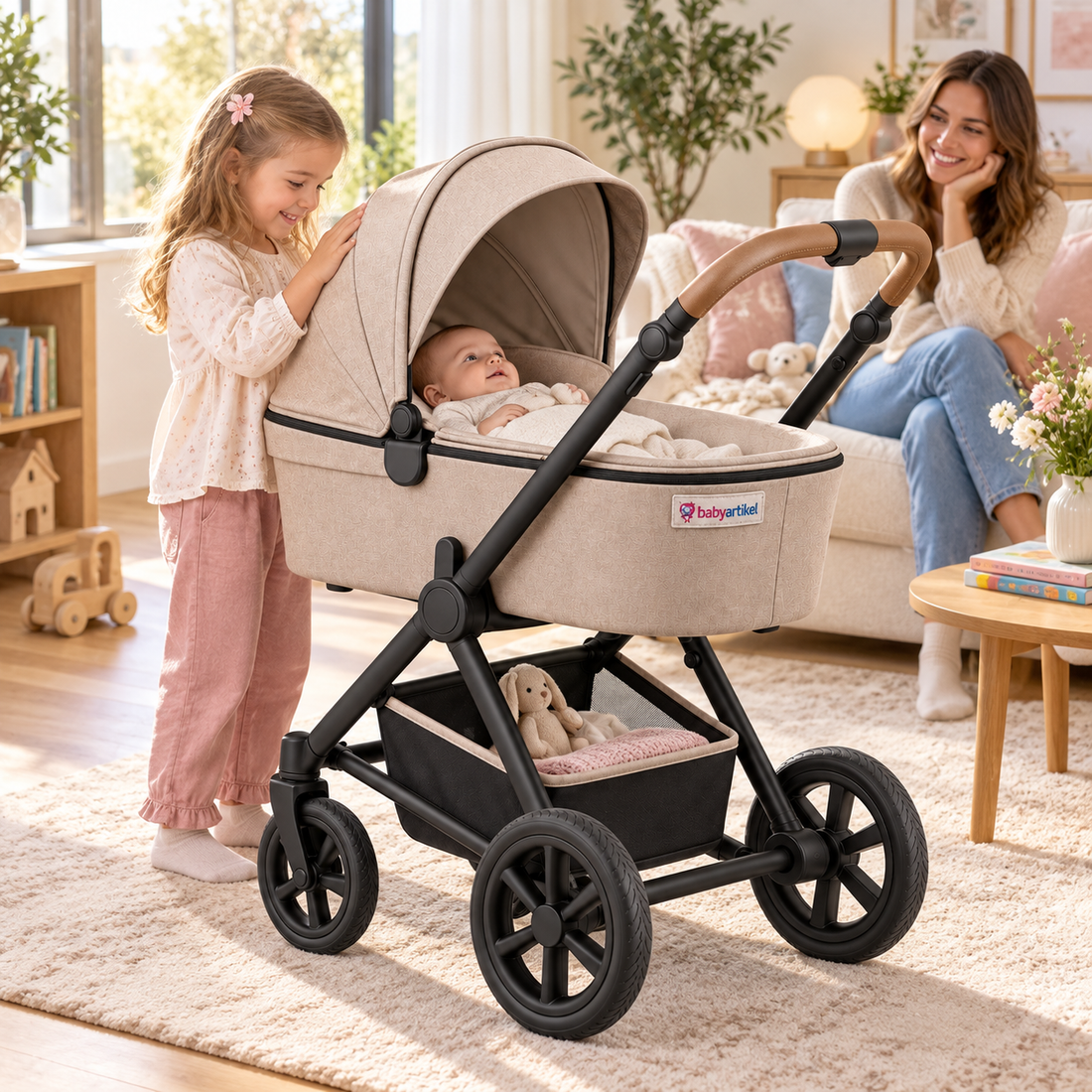 babyartikel 3-in-1 Kombikinderwagen Beige – Babywanne, Sportsitz & Babyschale