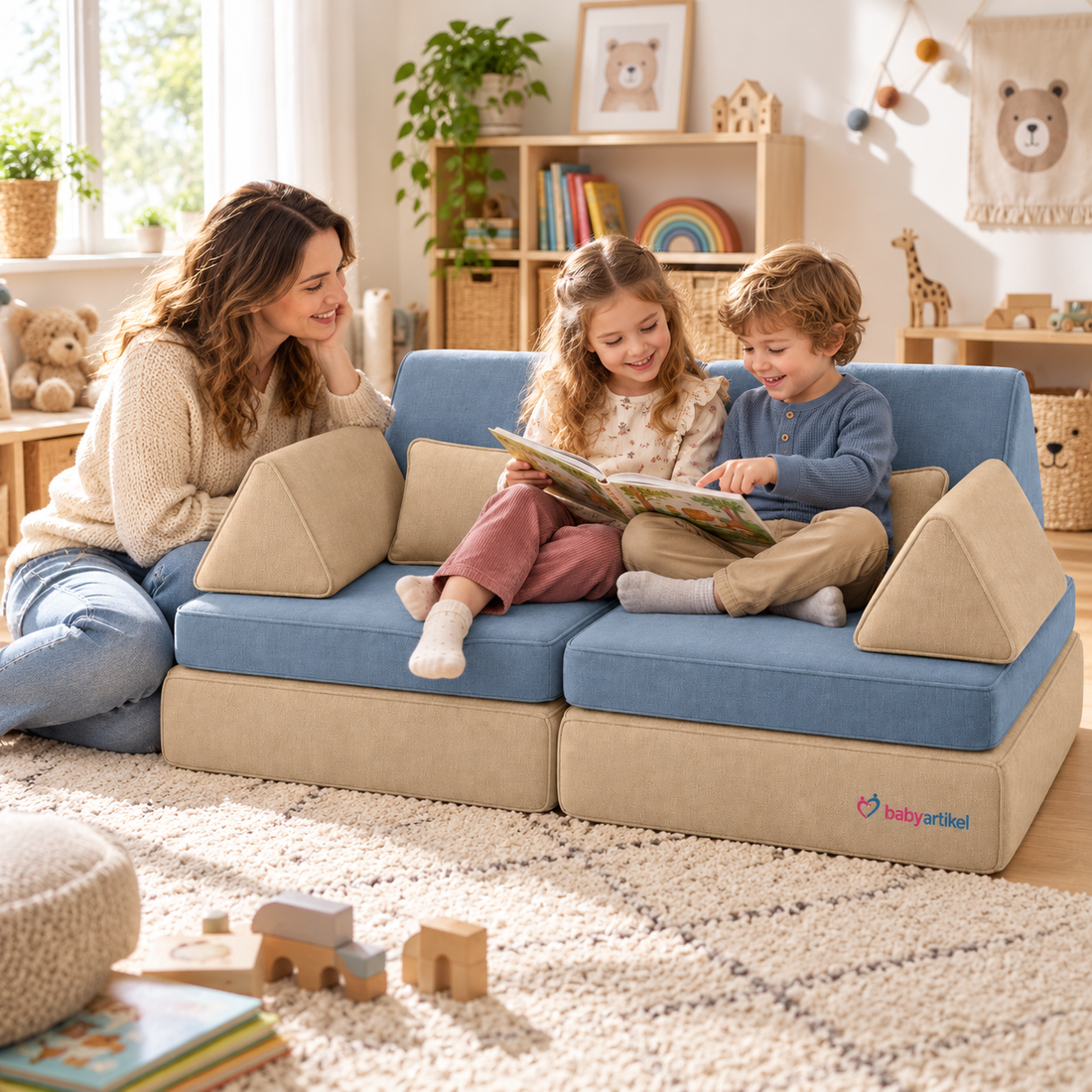 Modulares Kindersofa aus Schaumstoff – Spielsofa in Beige und Blau
