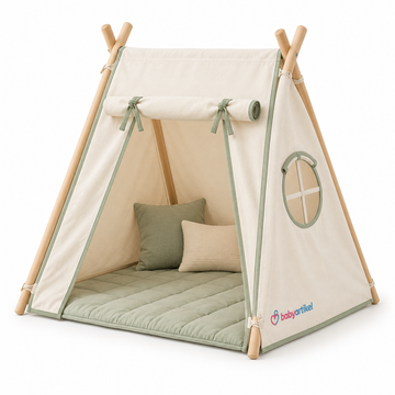 Kinder-Spielzelt mit Bodenmatte und Kissen – Beige & Salbeigrün