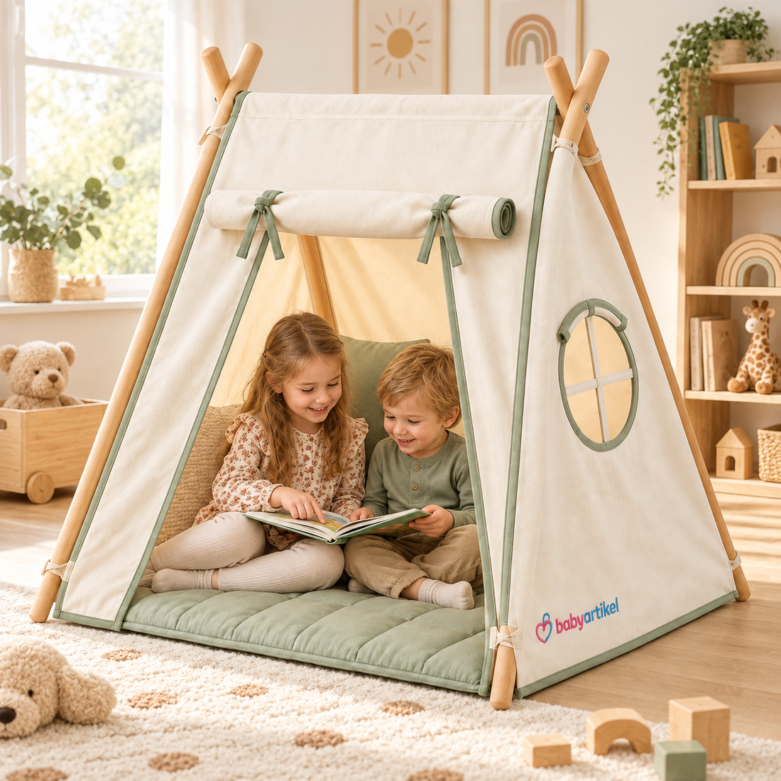 Kinder-Spielzelt mit Bodenmatte und Kissen – Beige & Salbeigrün